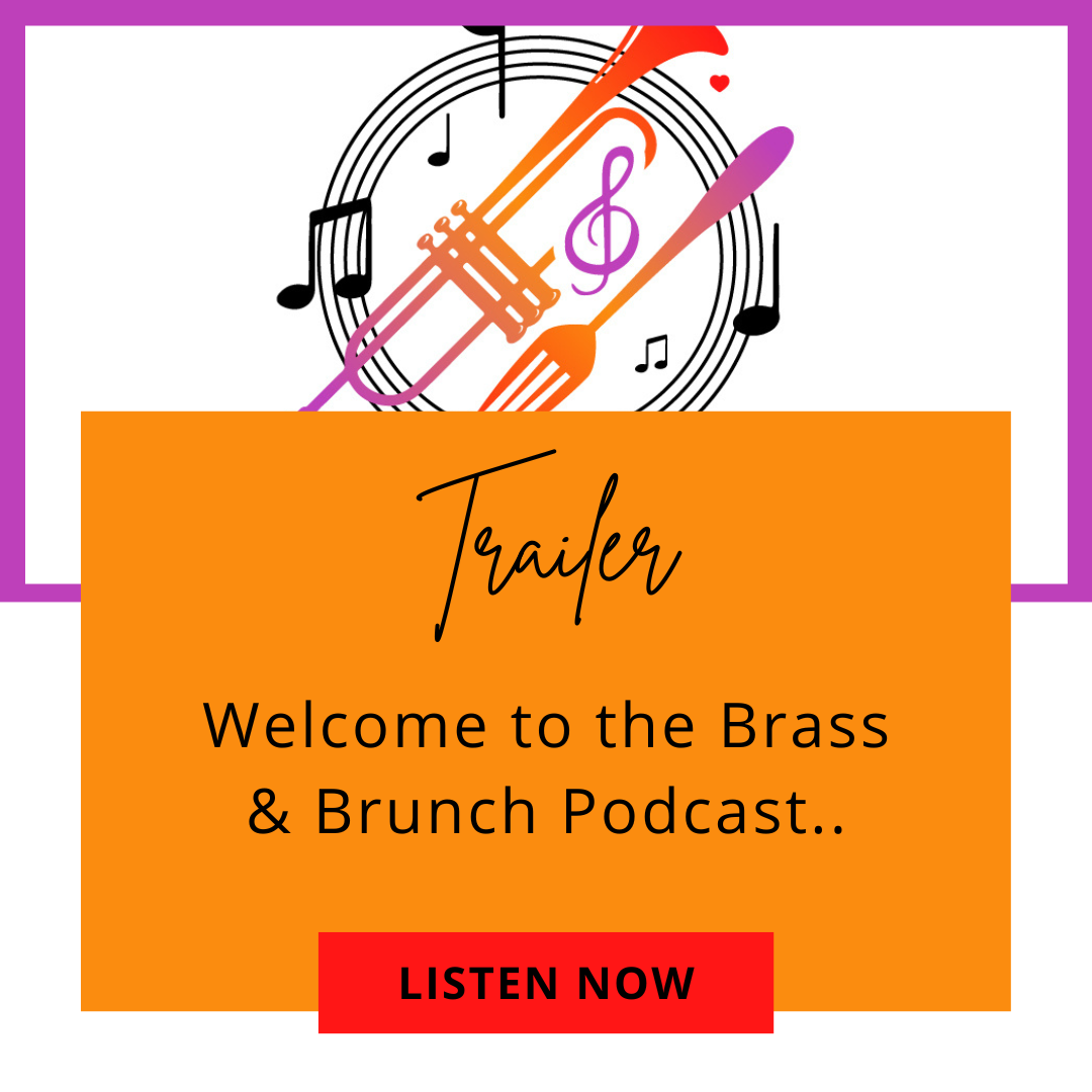 Logo for the Brass & Brunch Podcast with musical notes and a call to listen.